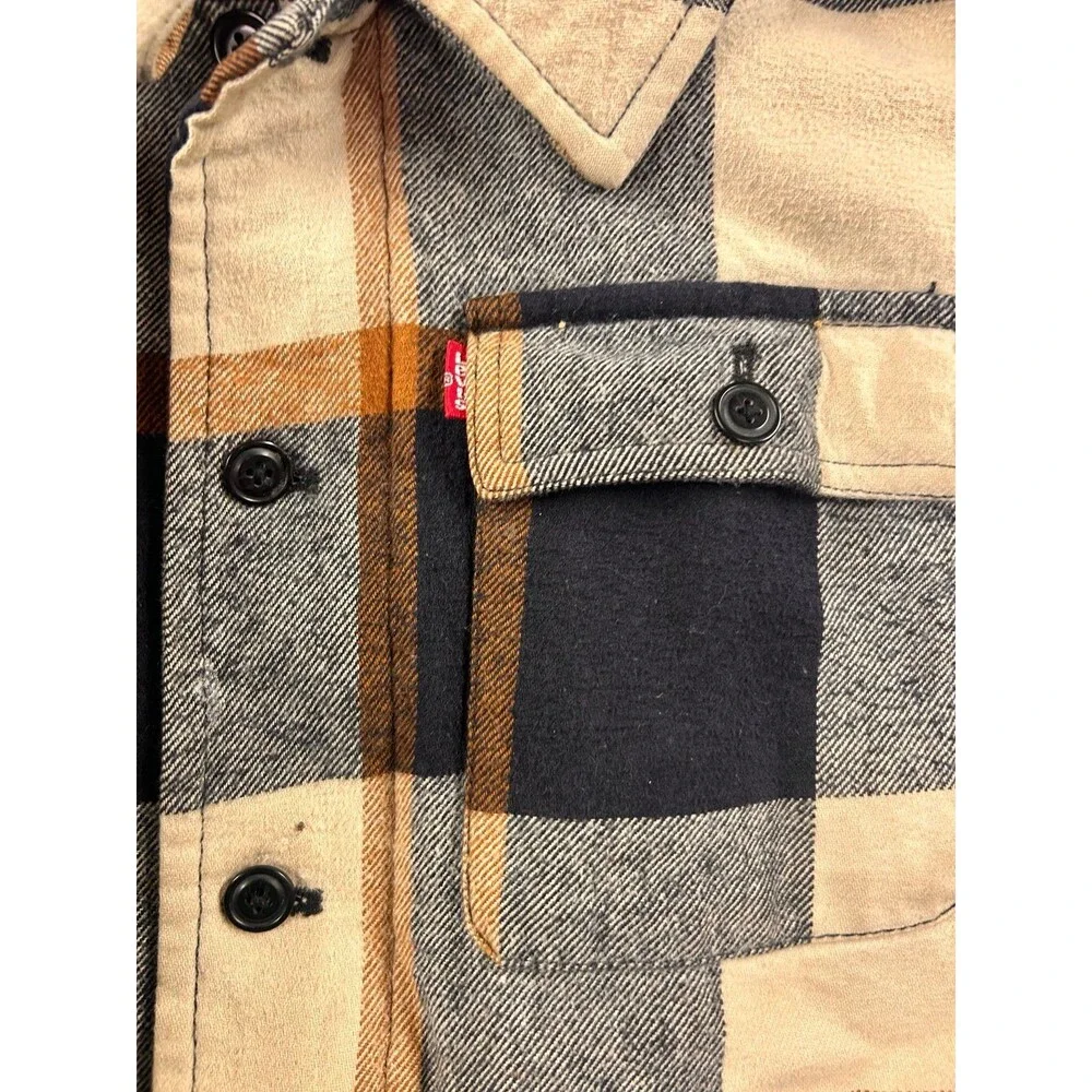 Levis Flannel Jacket Mens XL Mix Brown Plaid Sherpa Lined Hooded Full Zip THICK